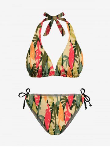 Colorful Coconut Tree Colorblock Print Hawaii Plunging Halter Backless Bikini Set - MULTI-A - XS