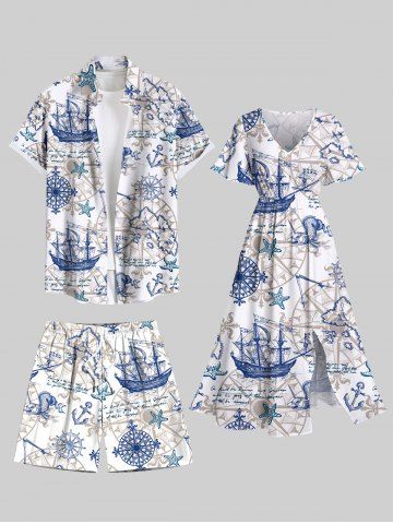 Sailboat Starfish Anchor Steering Wheel Cruise Print Plus Size Matching Beach Dress Shirts Outfit For Couples