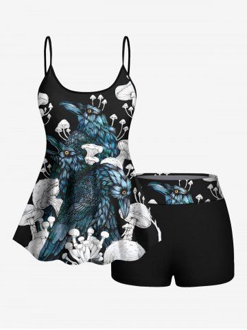 Fashion Eagle Mushroom Print Hawaii Swimsuit Plus Size Matching Set - GREEN