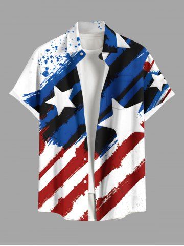 Plus Size Ink Painting Splatter Patriotic American Flag Print Button Pocket Shirt For Men