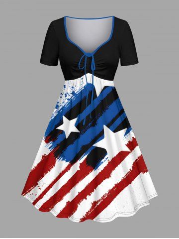 Plus Size Ink Painting Splatter Patriotic American Flag Print Cinched A Line Dress - BLACK - XS