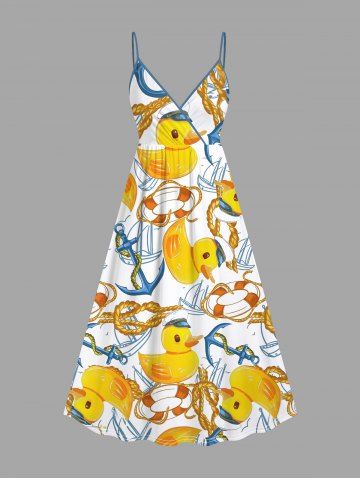 Plus Size Duck Swimming Ring Anchor Sailboat Print Hawaii Cruise Surplice A Line Cami Dress - YELLOW - L