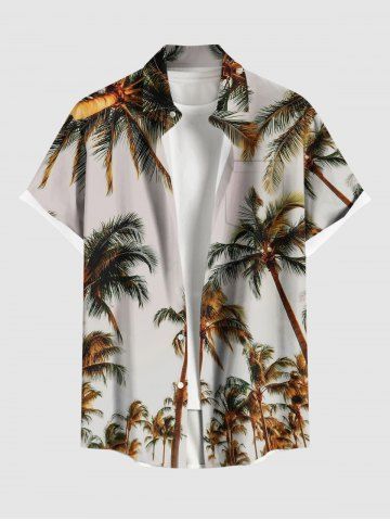 Plus Size Coconut Tree Print Hawaii Button Pocket Shirt For Men