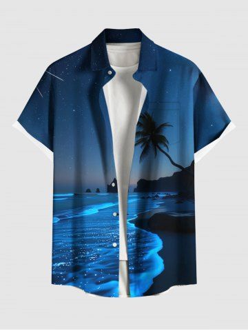Plus Size Coconut Tree Sea Wave Beach Ombre Galaxy Print Hawaii Button Pocket Shirt For Men