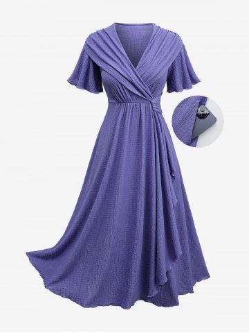 Plus Size Ruffles Tulip Hem Pockets Ruched Surplice Dress - PURPLE - 4X | US 26-28