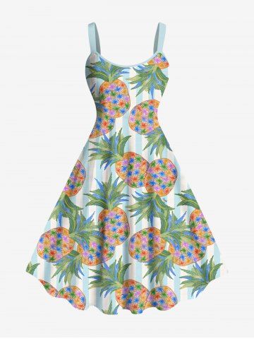 Plus Size Colorful Pineapple Striped Print Hawaii A Line Tank Dress - GREEN - 1X