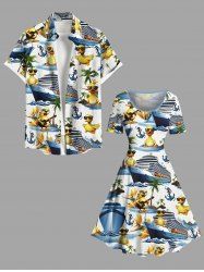 Coconut Tree Ducks Sea Waves Ship Print Plus Size Matching Hawaii Beach Outfit For Couples -  