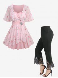 Rose Print Mesh Tulip Hem Surplie Textured Top and Scalloped Tassel Flare Pants Plus Size Outfit -  