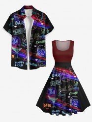 Beer Juice Letters Neon Print Plus Size Matching Hawaii Beach Outfit For Couples -  