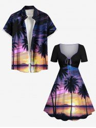 Coconut Tree Oil Painting Sun Sky Print Plus Size Matching Hawaii Beach Outfit For Couples -  