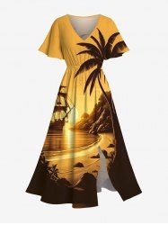 Plus Size Coconut Tree Seascape Ship Sun Mountain Print Split Hawaii Midi Dress -  