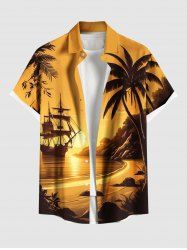 Plus Size Coconut Tree Seascape Ship Sun Mountain Print Buttons Pocket Hawaii Shirt For Men -  
