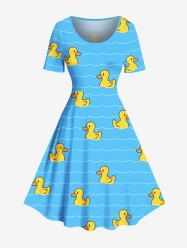 Plus Size Ducks Wave Line Print Vintage Hawaii Dress -  