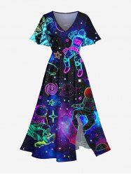 Plus Size Galaxy Astronaut Star Spaceship Print Split Hawaii Midi Dress -  
