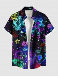 Plus Size Galaxy Astronaut Star Spaceship Print Buttons Pocket Hawaii Shirt For Men -  