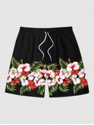 Short de Plage Hawaïen Imprimé Feuilles et Fleurs Tropicales Grande Taille pour Hommes - Noir M