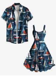 Sailboat Sea Wave Cruise Print Plus Size Matching Beach Shirts Dress Outfit For Couples -  