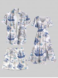 Sailboat Starfish Anchor Steering Wheel Cruise Print Plus Size Matching Beach Dress Shirts Outfit For Couples -  