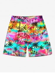 Plus Size Colorful Tie Dye Ombre Coconut Tree Print Hawaii Drawstring Beach Shorts For Men -  
