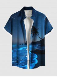 Plus Size Coconut Tree Sea Wave Beach Ombre Galaxy Print Hawaii Button Pocket Shirt For Men -  