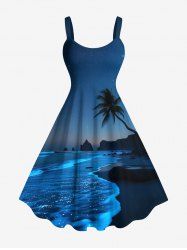 Plus Size Coconut Tree Sea Wave Beach Ombre Galaxy Print Hawaii A Line Tank Dress -  