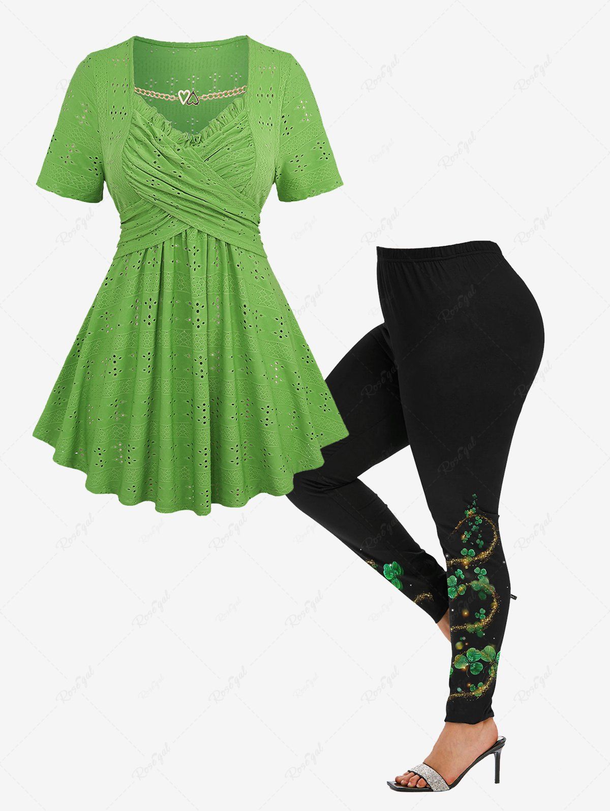 Shop Heart Chain Panel Surplice Ruffles Broderie Anglaise Hollow Out Top and Leaf Plant Star Glitter Sparkling Sequin 3D Printed Leggings Plus Size Outfit  