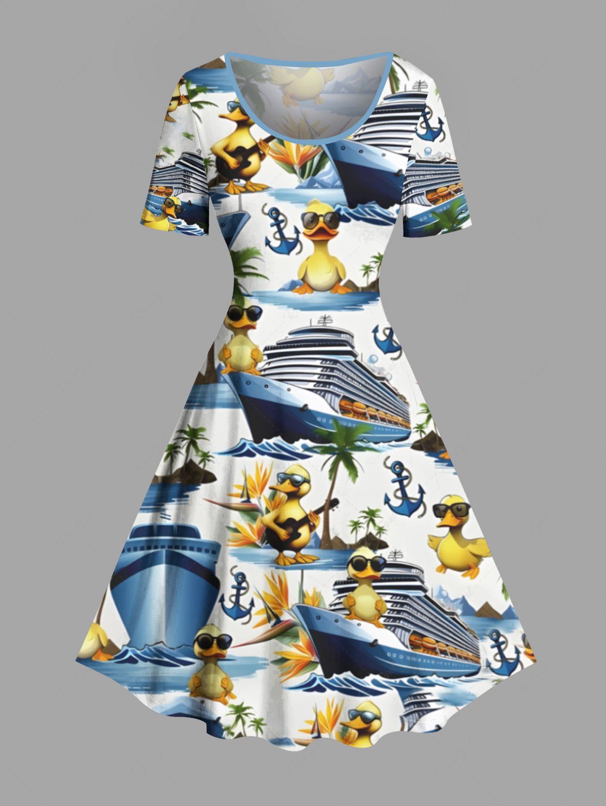 Hot Plus Size Coconut Tree Ducks Sea Waves Ship Print Vintage Hawaii Dress  