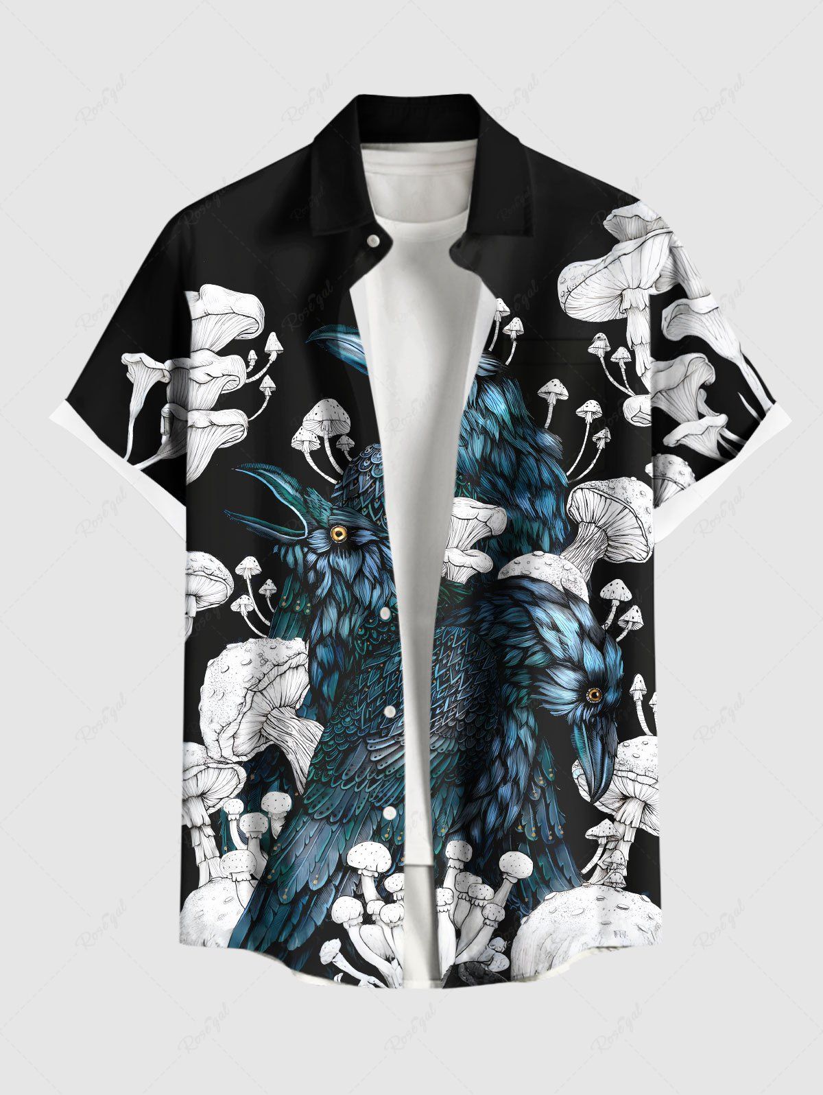 Outfit Plus Size Eagle Mushroom Print Hawaii Button Pocket Shirt For Men  