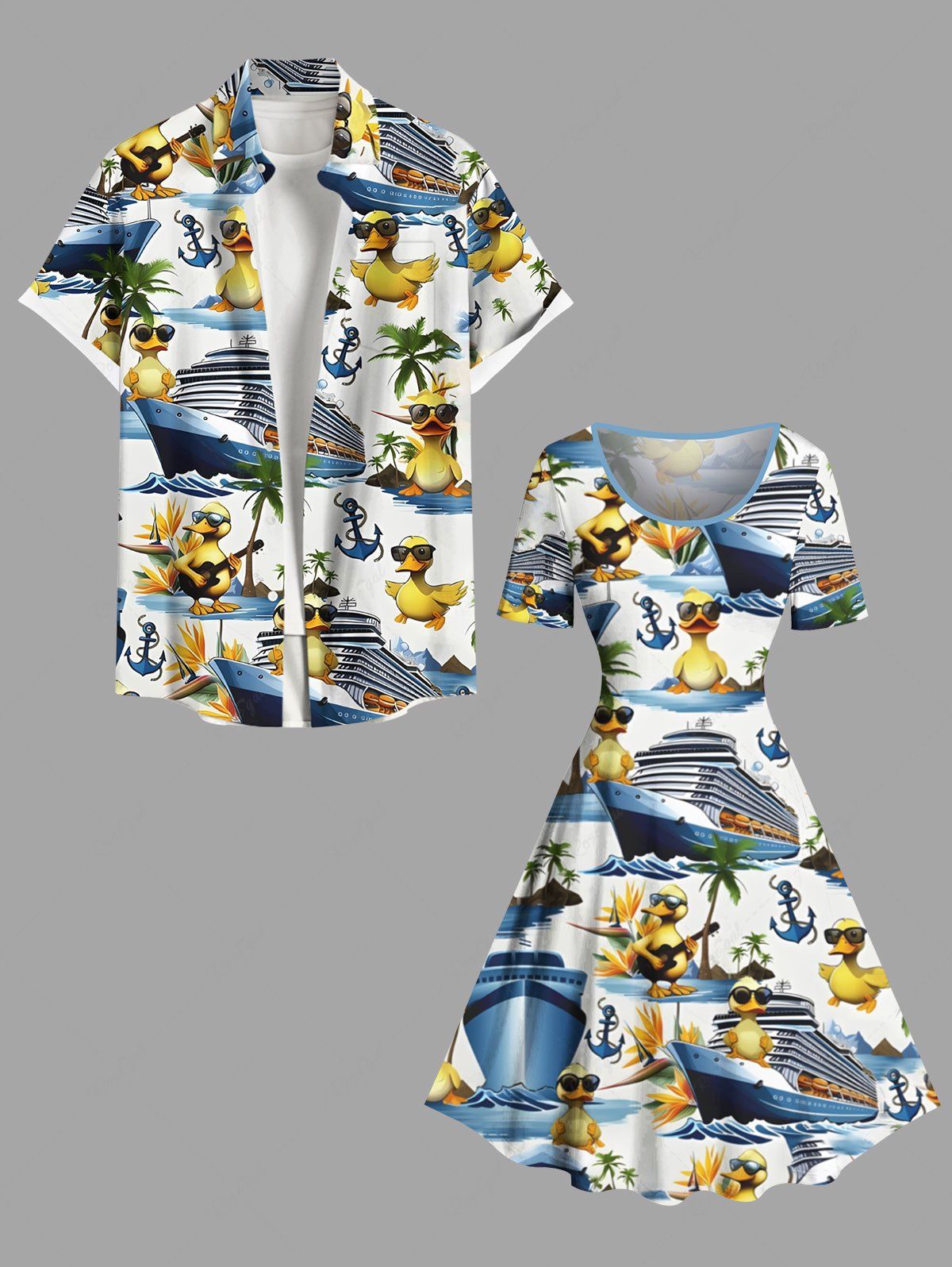 New Coconut Tree Ducks Sea Waves Ship Print Plus Size Matching Hawaii Beach Outfit For Couples  
