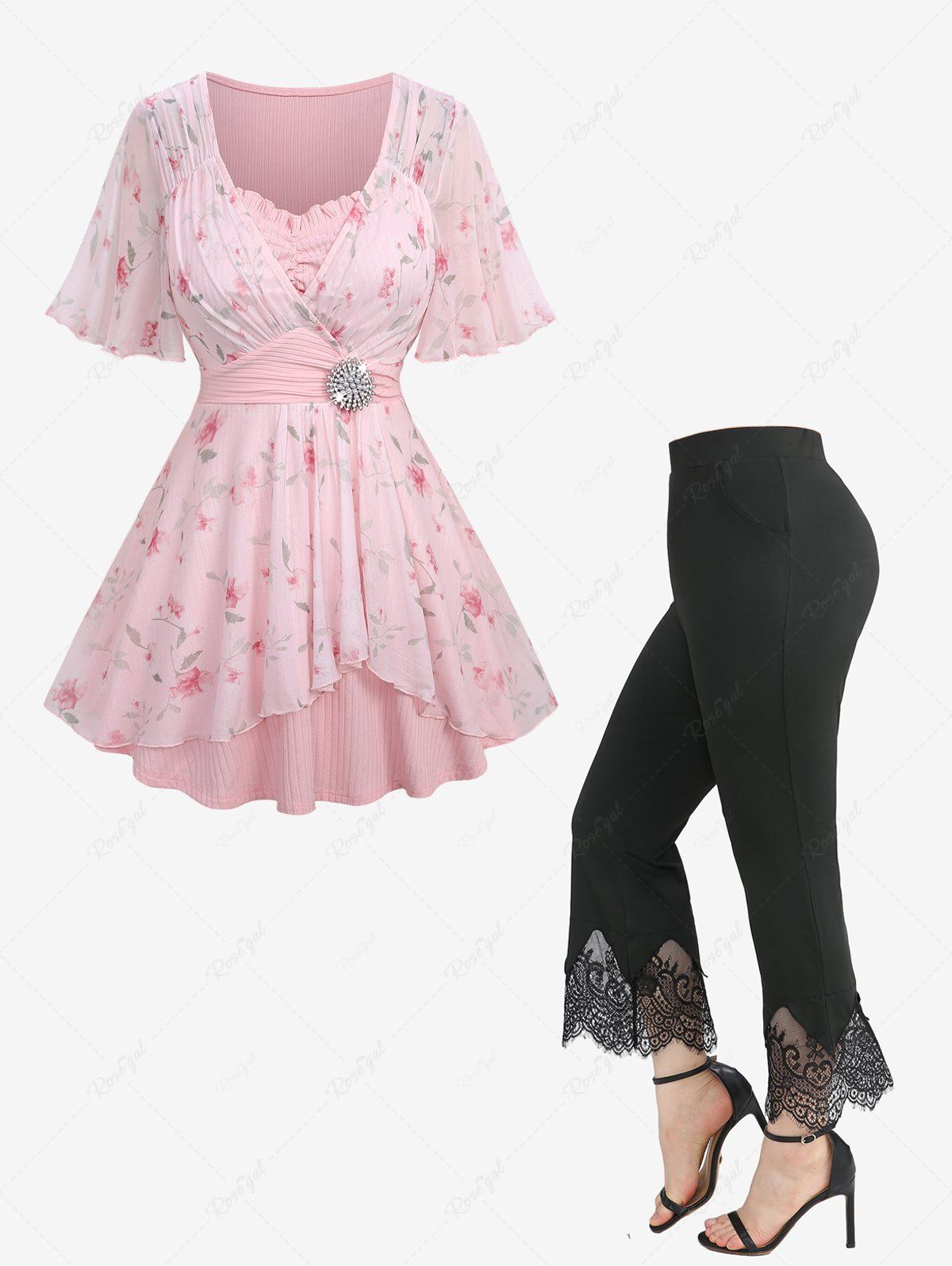 Shop Rose Print Mesh Tulip Hem Surplie Textured Top and Scalloped Tassel Flare Pants Plus Size Outfit  