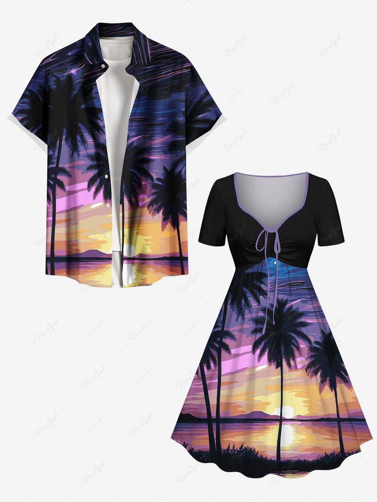 Hot Coconut Tree Oil Painting Sun Sky Print Plus Size Matching Hawaii Beach Outfit For Couples  