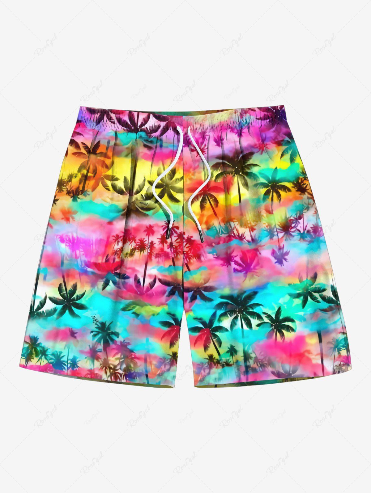 Latest Plus Size Colorful Tie Dye Ombre Coconut Tree Print Hawaii Drawstring Beach Shorts For Men  