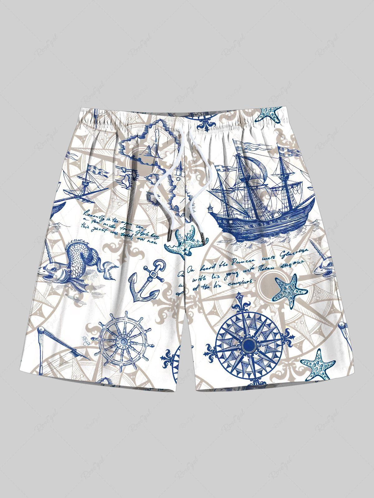 Fashion Plus Size Sailboat Starfish Anchor Steering Wheel Print Hawaii Cruise Drawstring Beach Shorts For Men  