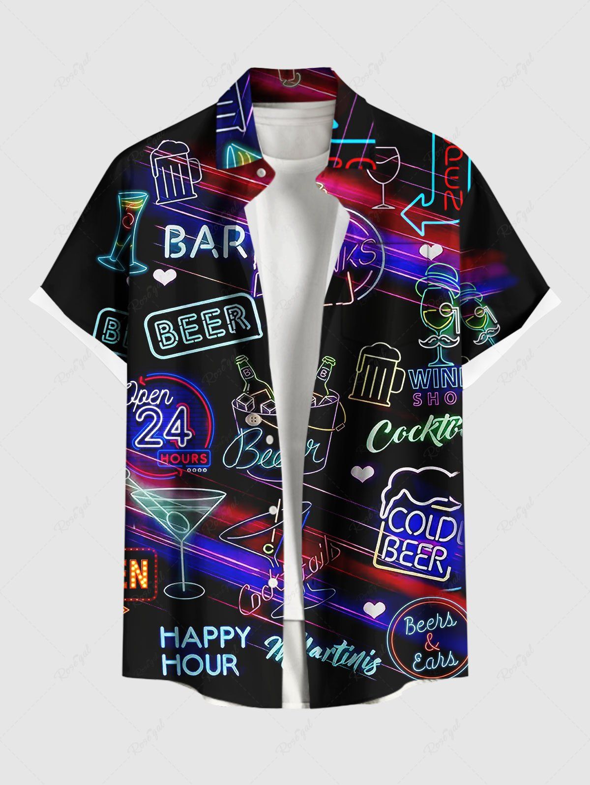 Unique Plus Size Beer Juice Letters Neon Print Buttons Pocket Hawaii Shirt For Men  