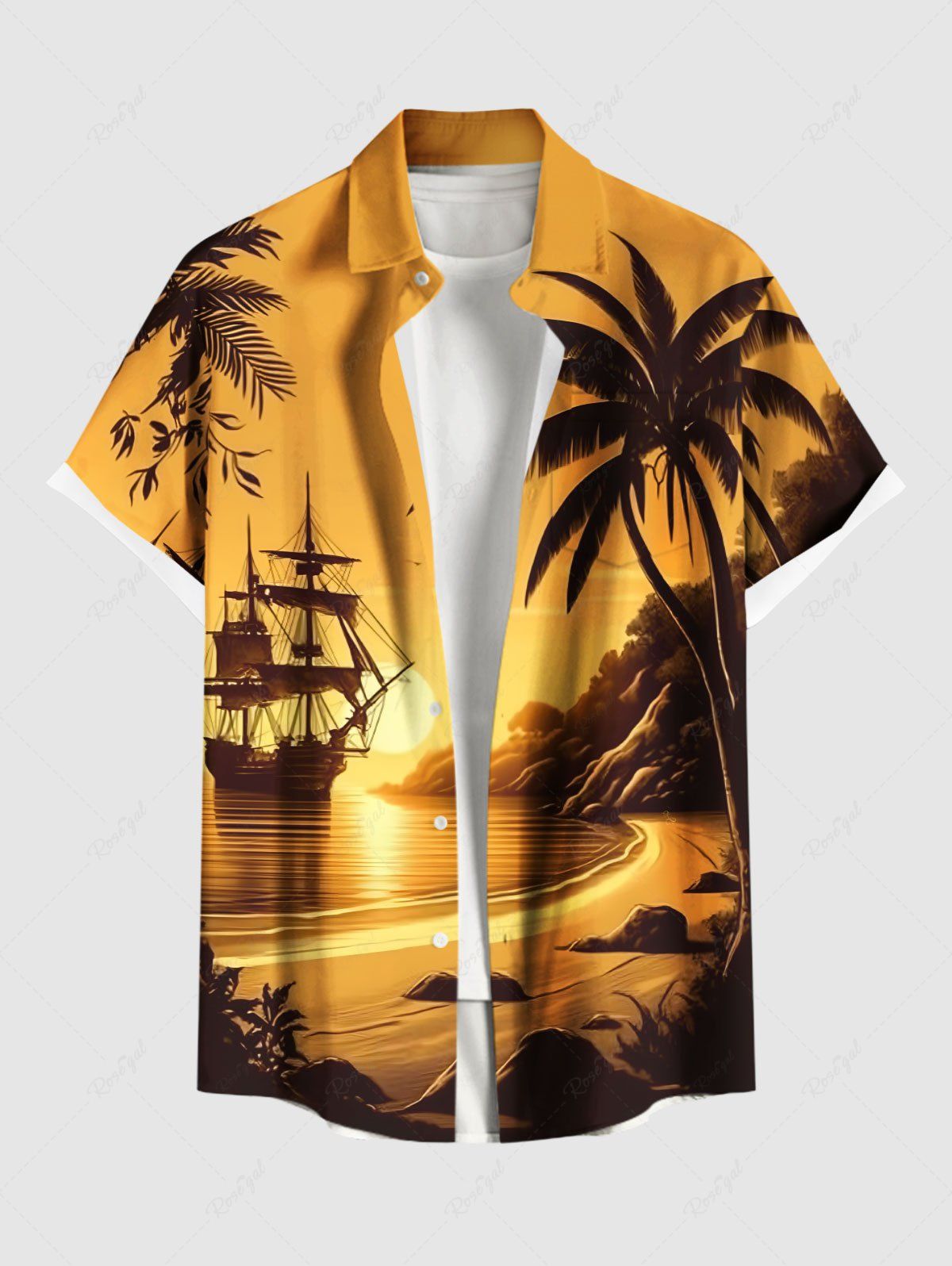 Fancy Plus Size Coconut Tree Seascape Ship Sun Mountain Print Buttons Pocket Hawaii Shirt For Men  
