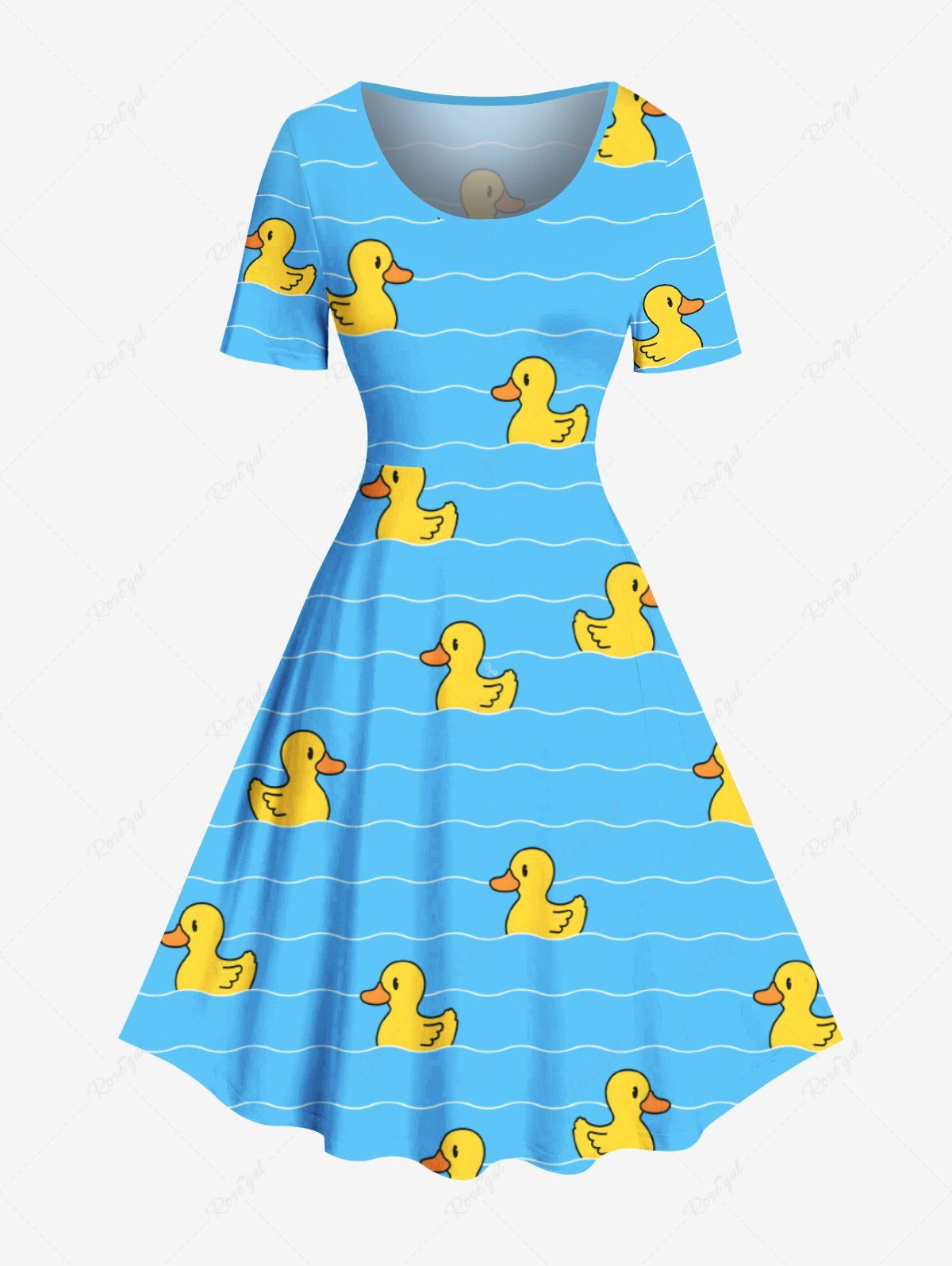 Trendy Plus Size Ducks Wave Line Print Vintage Hawaii Dress  
