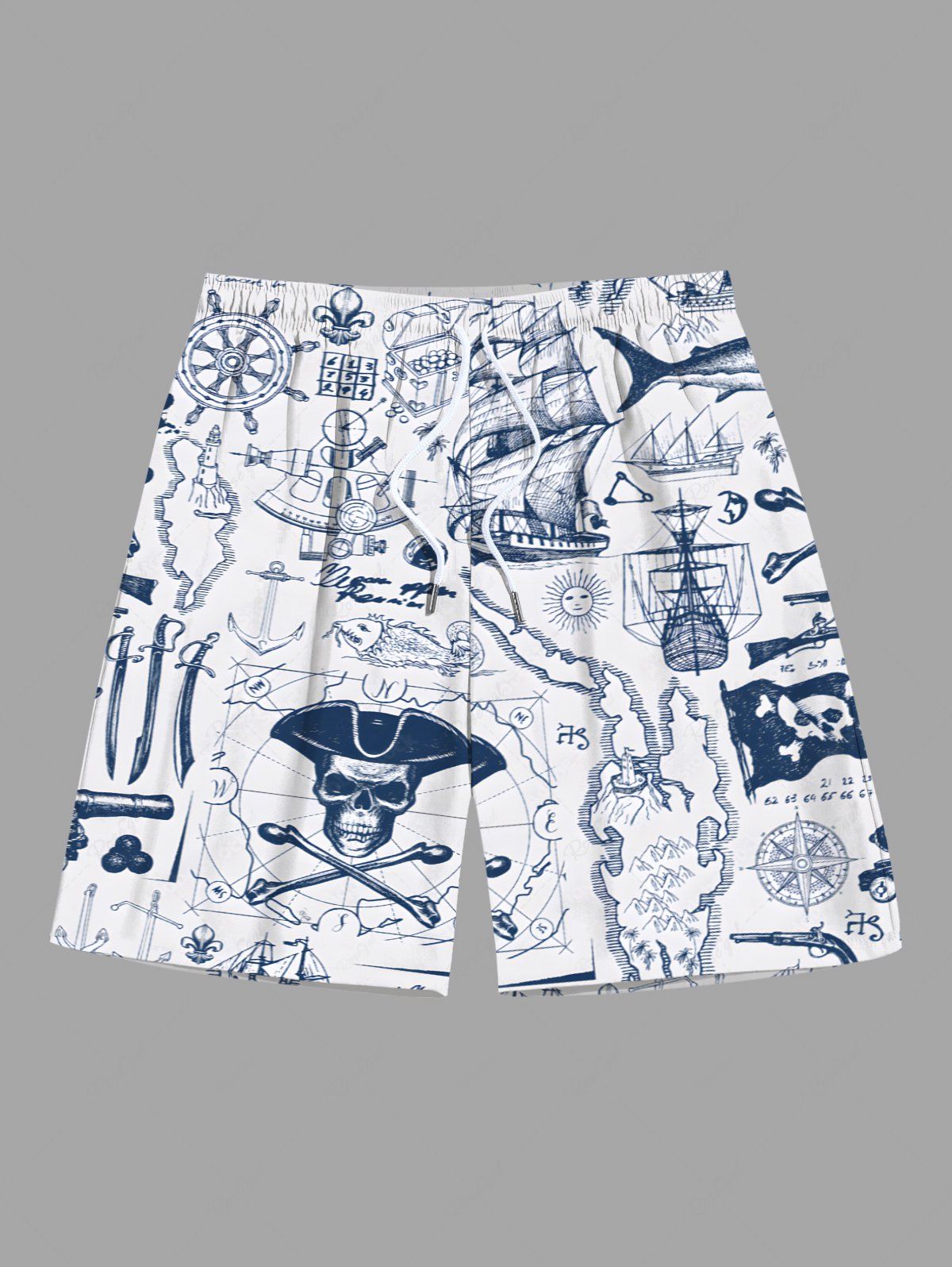 Chic Plus Size Pirate Ship Map Flag Print Cruise Hawaii Beach Shorts For Men  