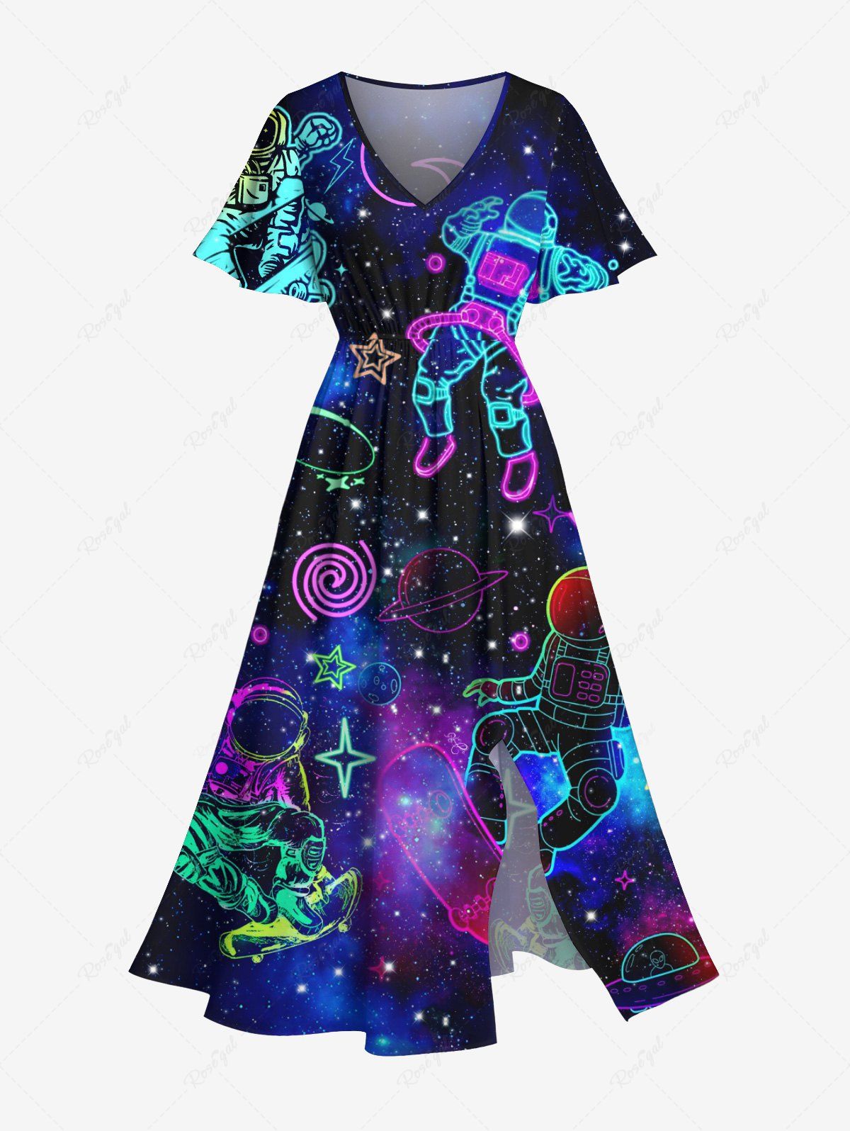 Hot Plus Size Galaxy Astronaut Star Spaceship Print Split Hawaii Midi Dress  