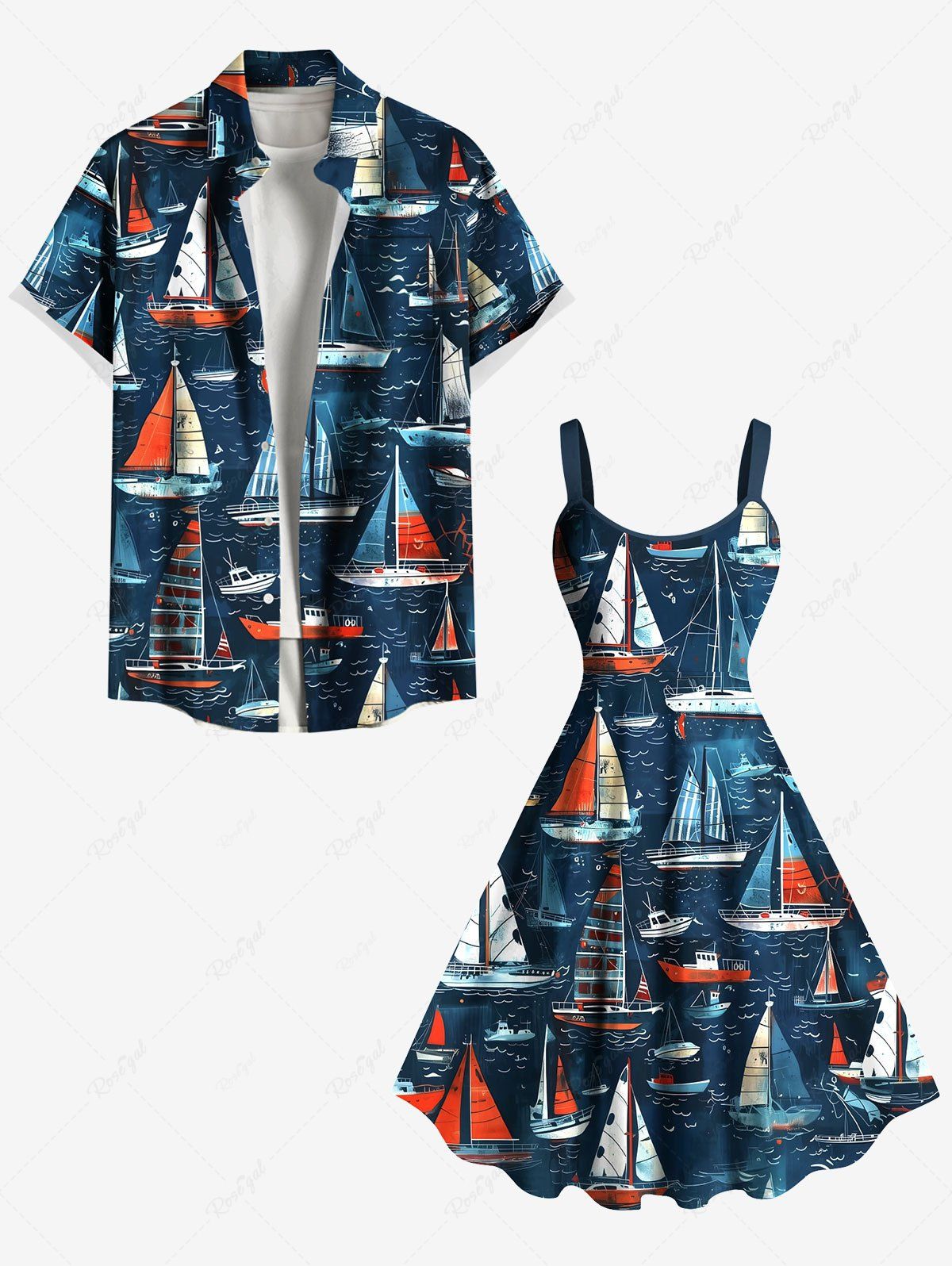 Latest Sailboat Sea Wave Cruise Print Plus Size Matching Beach Shirts Dress Outfit For Couples  