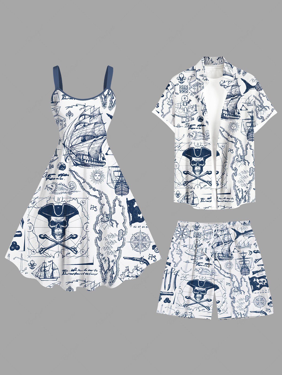 Buy Pirate Ship Map Flag Print Plus Size Matching Hawaii Beach Outfit For Couples  