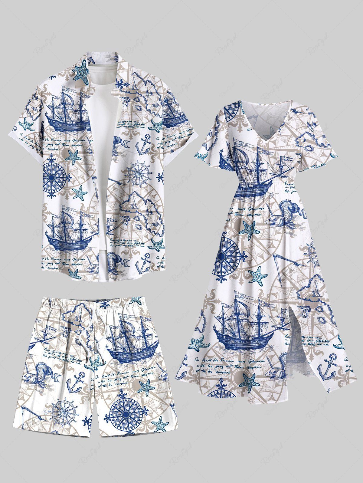 Hot Sailboat Starfish Anchor Steering Wheel Cruise Print Plus Size Matching Beach Dress Shirts Outfit For Couples  