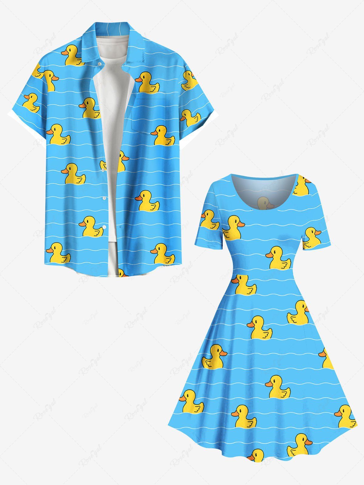 Costume de Plage Hawaiien Imprimé Grande Taille Cadeau pour Couples Bleu Ciel 