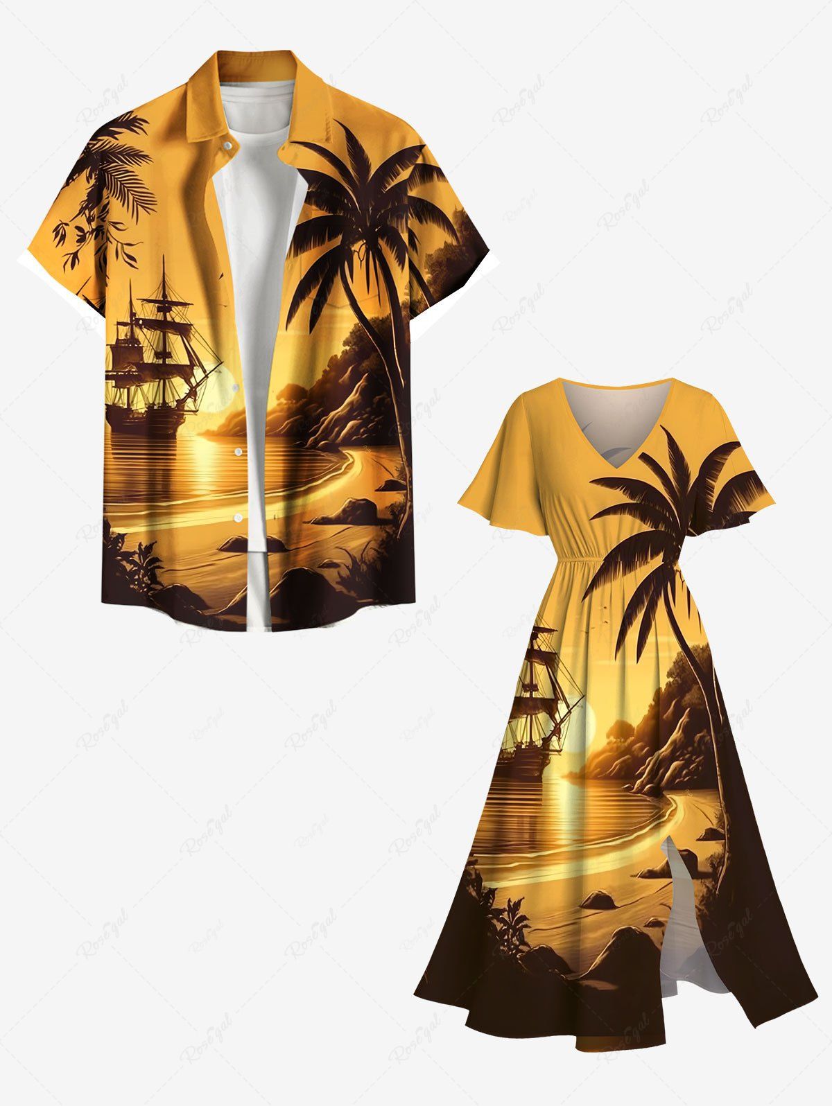 Short de Plage Grande Taille Imprimé Cocotiers Montagne et Paysage Marin Jaune 