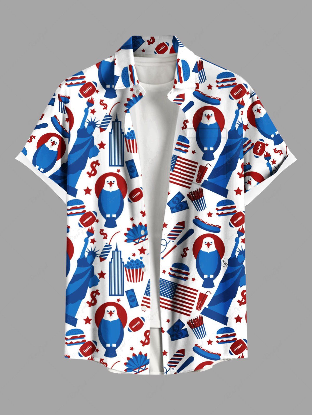 Affordable Plus Size Patriotic American Flag Eagle Statue of Liberty Print Buttons Pocket Shirt For Men  