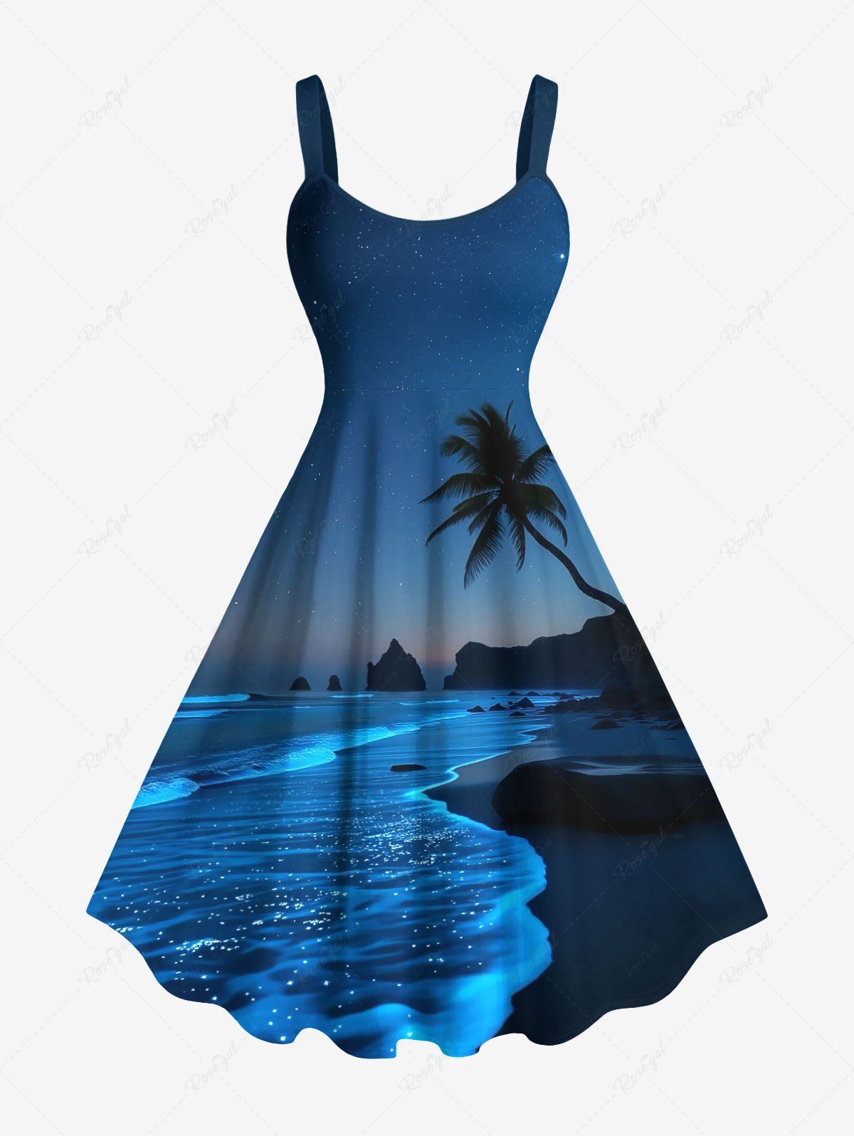 Discount Plus Size Coconut Tree Sea Wave Beach Ombre Galaxy Print Hawaii A Line Tank Dress  