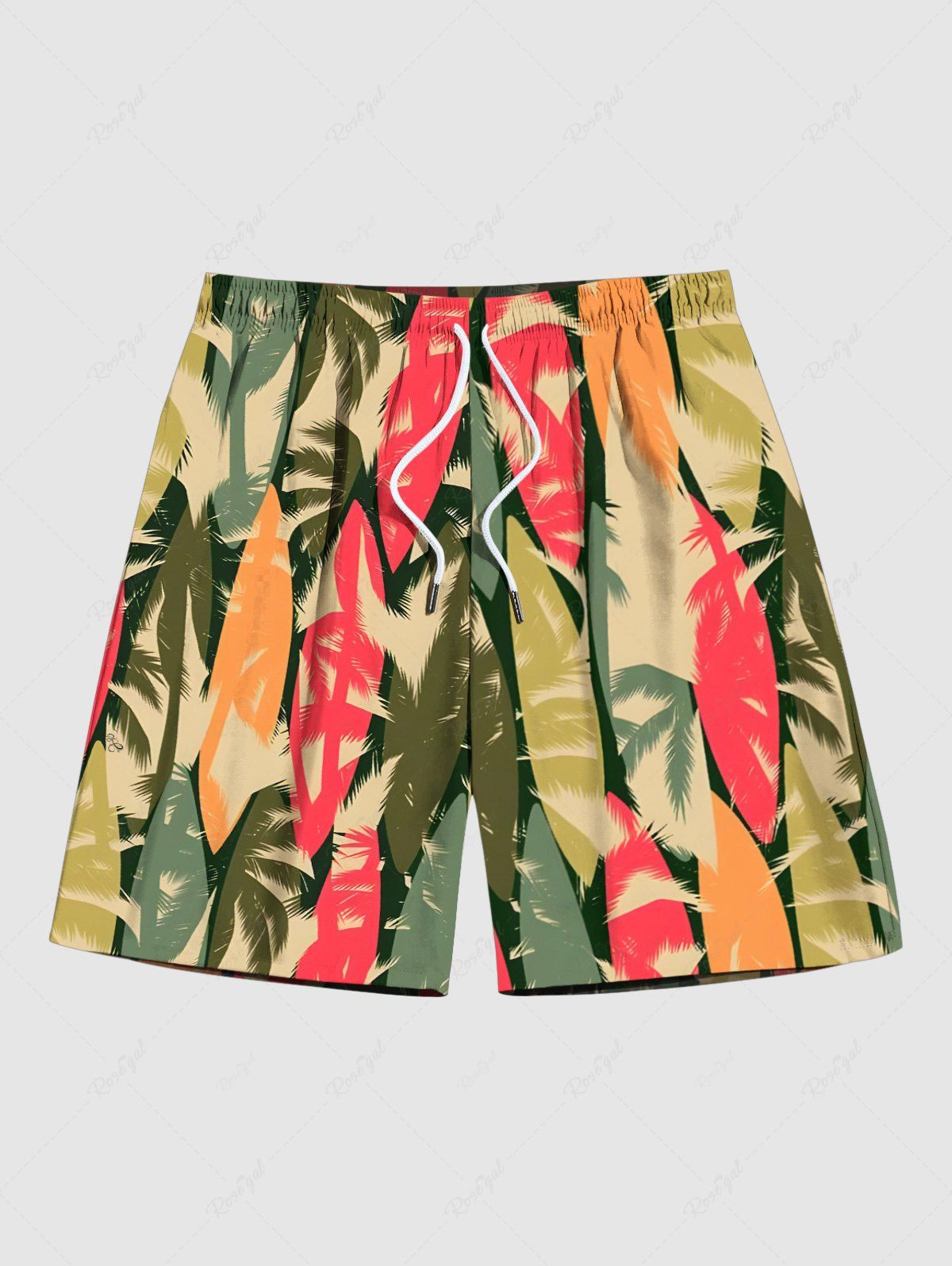 Unique Plus Size Colorful Coconut Tree Colorblock Print Hawaii Drawstring Beach Shorts For Men  