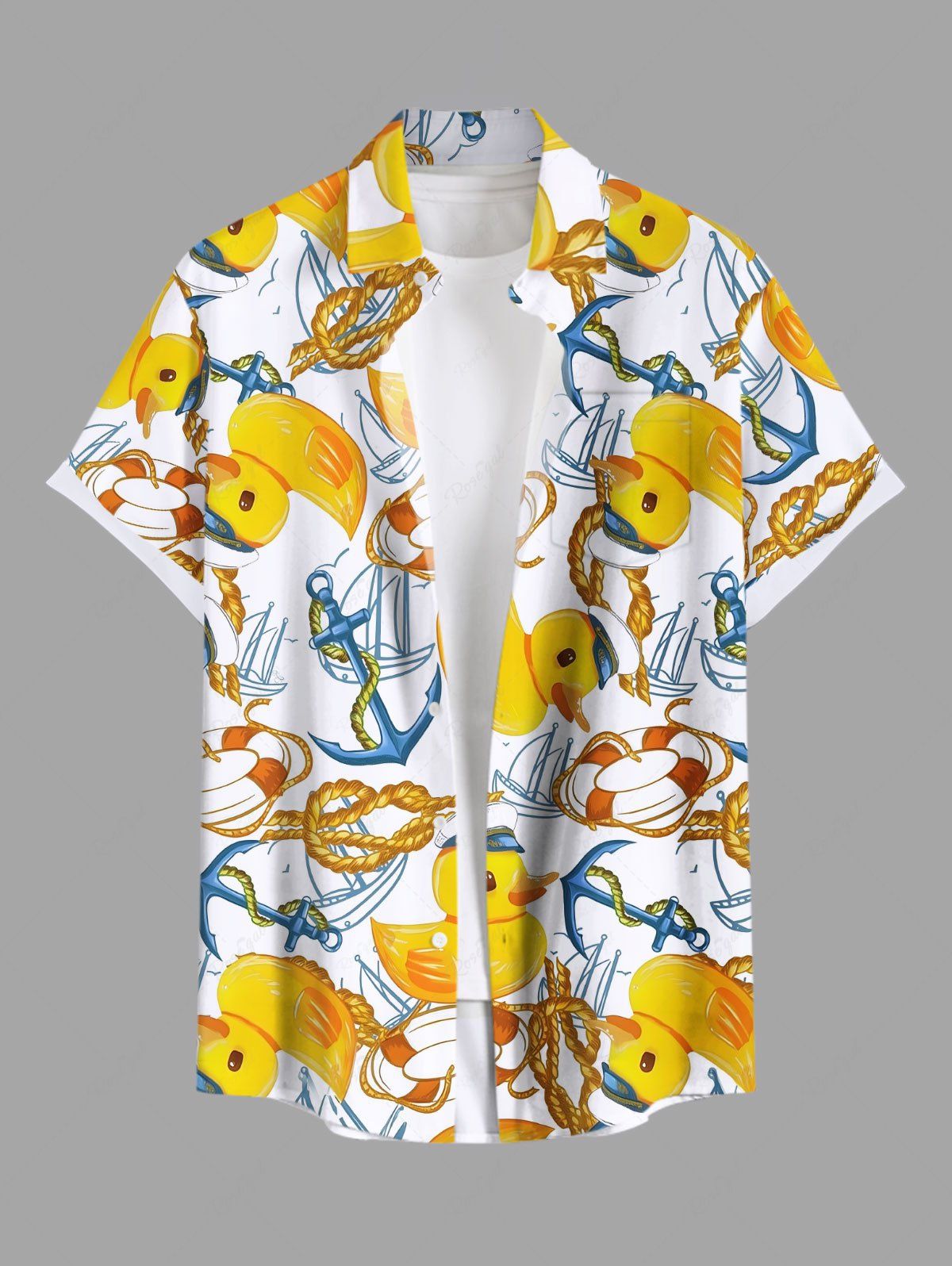 Affordable Plus Size Duck Swimming Ring Anchor Sailboat Print Hawaii Cruise Shirt For Men  