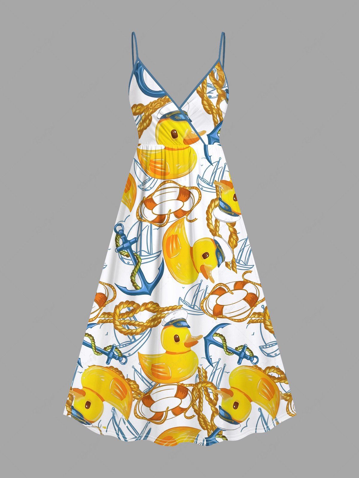 Affordable Plus Size Duck Swimming Ring Anchor Sailboat Print Hawaii Cruise Surplice A Line Cami Dress  