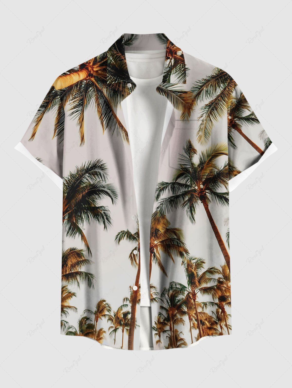 Shops Plus Size Coconut Tree Print Hawaii Button Pocket Shirt For Men  