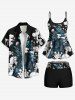 Plus Size Eagle Mushroom Print Hawaii Button Pocket Shirt For Men -  